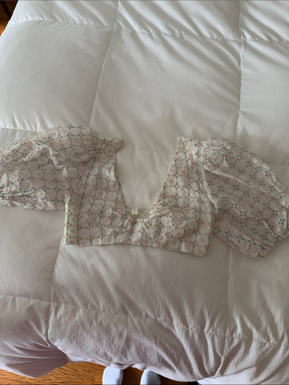 For Love & Lemons Pastel Print Puff-Sleeve Crop Top